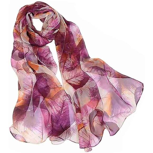 NEW Womens Beautiful Sheer Floral Pattern Scarf Super Soft and Silky PURPLE LEAF - Picture 1 of 2